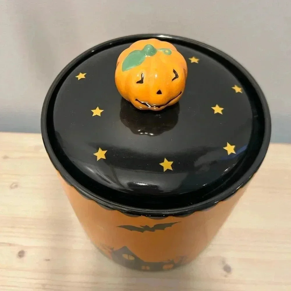 Halloween Canister Spooky Town Witch, Moon, Stars, Bats, Owl, Black Cat, Pumpkin